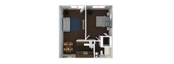 A top-down view of a small apartment with a kitchen, living room, and bedroom.