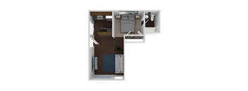 A top down view of a small apartment with a bedroom, living room, and kitchen.