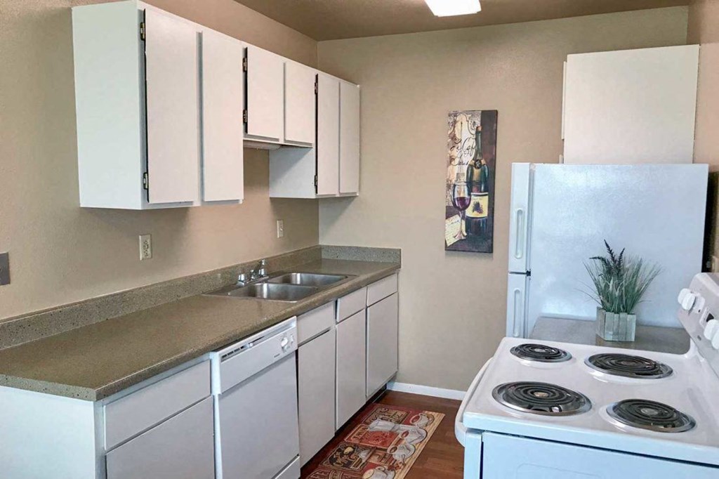 a kitchen with a stove sink and refrigerator