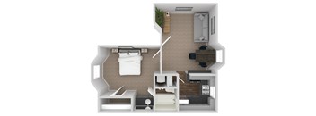 A 3D rendered image of a small apartment layout.