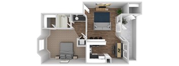 A 3D floor plan of a small apartment with a living room, kitchen, and bedroom.