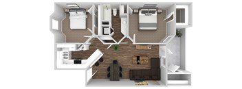 A 3D floor plan of a small apartment with a kitchen, living room, and bedrooms.