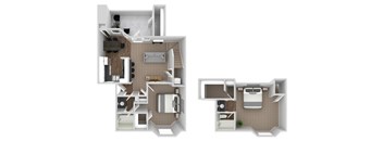 A floor plan of a two-story apartment with a living room, kitchen, and bedrooms.