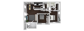 A 3D floor plan of a house with a kitchen, living room, and bedrooms.