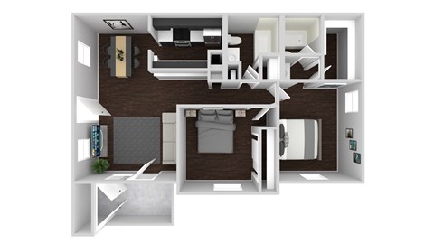 A 3D floor plan of a house with a kitchen, living room, and bedrooms.