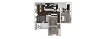A 3D floor plan of a house with a kitchen, living room, and two bedrooms.