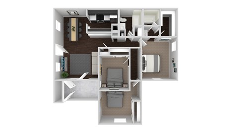 A 3D floor plan of a house with a kitchen, living room, and two bedrooms.