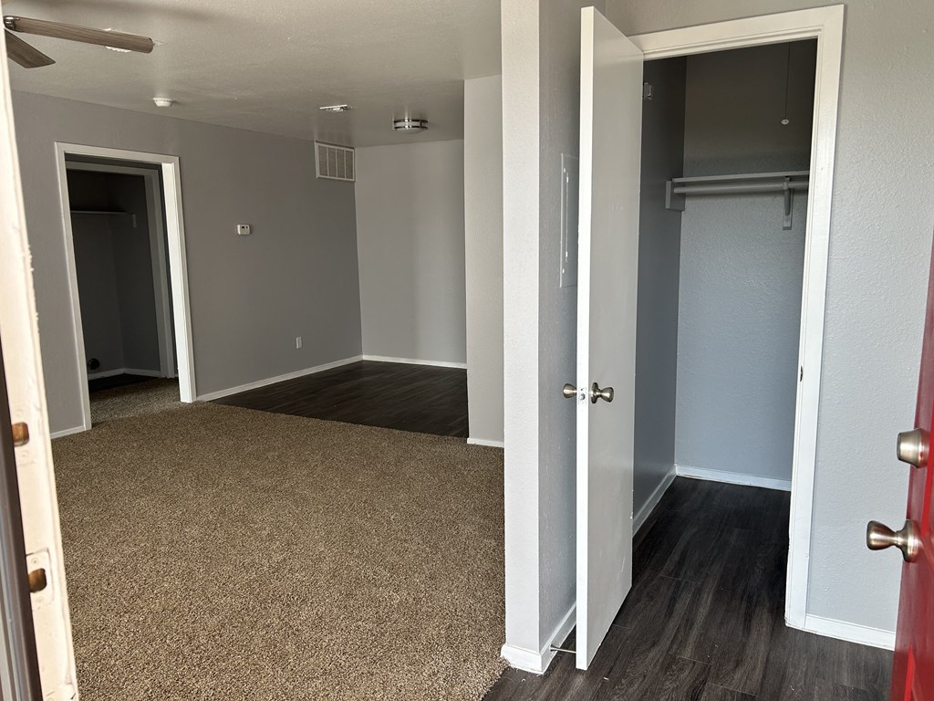 a bedroom with a closet and a hallway with a door open