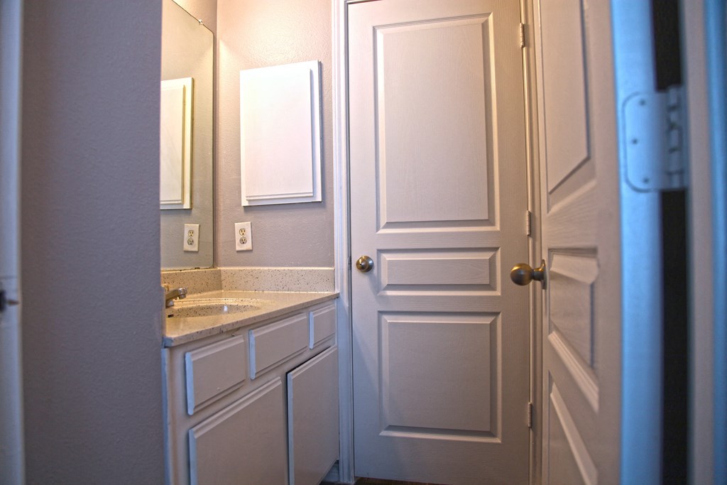 a bathroom with a sink and a white door