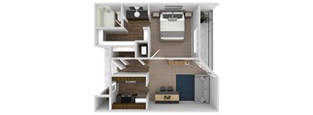 A 3D floor plan of a small apartment with a kitchen, living room, and bedroom.