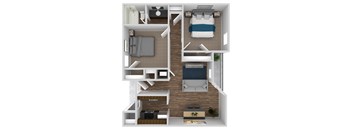 A 3D rendered image of a house layout.