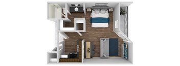 A 3D rendered image of a small apartment layout.