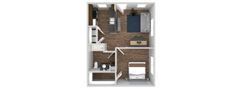 A 3D rendered image of a small apartment layout.