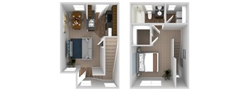 A floor plan of a two-bedroom apartment with a staircase in between.