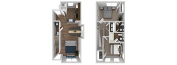 A diagram of a two-bedroom apartment with a living room, kitchen, and bathroom.