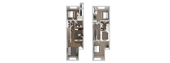 A floor plan of a two-story apartment with a living room, kitchen, and bedrooms.