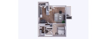 A 3D rendered image of a small apartment layout.