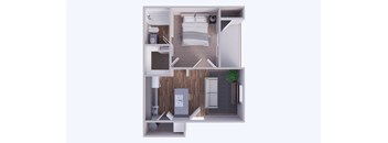 A top-down view of a small apartment with a bed, a desk, a chair, and a kitchenette.