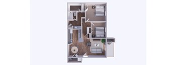 A top-down view of a small apartment with a kitchen, living room, and bathroom.