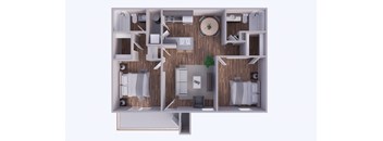 A 3D floor plan of a small apartment with a kitchen, living room, and bathroom.