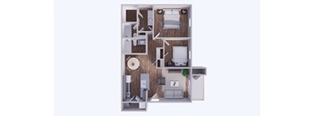 A 3D rendered image of a small apartment layout.