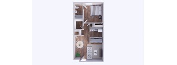 A small room with a bed, a desk, and a cupboard.