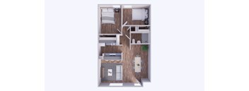 A top down view of a small apartment with a kitchen, living room, and bedroom.
