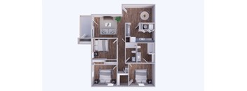 A 3D model of a small apartment with a kitchen, living room, and bathroom.