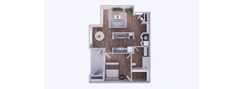 A 3D rendered image of a small apartment layout.