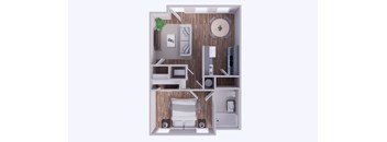A 3D floor plan of a small apartment with a kitchen, living room, and bathroom.