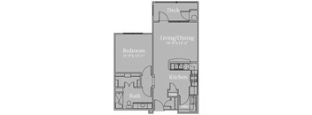 A floor plan of a small apartment with a bedroom, living/dining area, kitchen, bathroom, pantry, and deck.