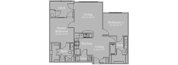 A floor plan of a house with a deck, two living areas, a kitchen, a master bedroom, a second bedroom, and two bathrooms.