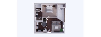 A 3D rendered image of a small apartment layout.