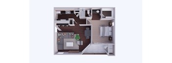 A top-down view of a small apartment with a kitchen, living room, and bathroom.