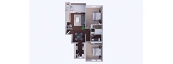 A 3D floor plan of a small apartment with a kitchen, living room, and bathroom.