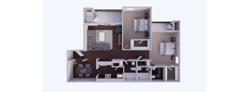 A 3D rendered image of a house layout.