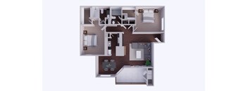 A 3D rendered image of a house layout.