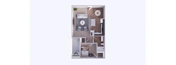 A small apartment layout with a bedroom, living room, and kitchen.