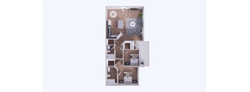 A floor plan of a house with a kitchen, living room, and two bedrooms.