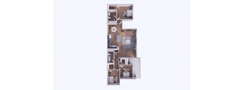 A top down view of a house with a living room, kitchen, and two bedrooms.