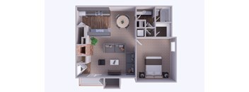 A 3D rendered image of a house layout.