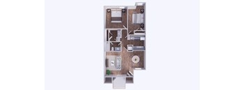 A 3D rendered image of a house layout.