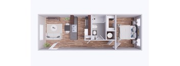 A 3D floor plan of a small apartment with a kitchen, living room, and bathroom.