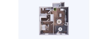 A top down view of a house layout with a living room, dining room, kitchen, and bathroom.