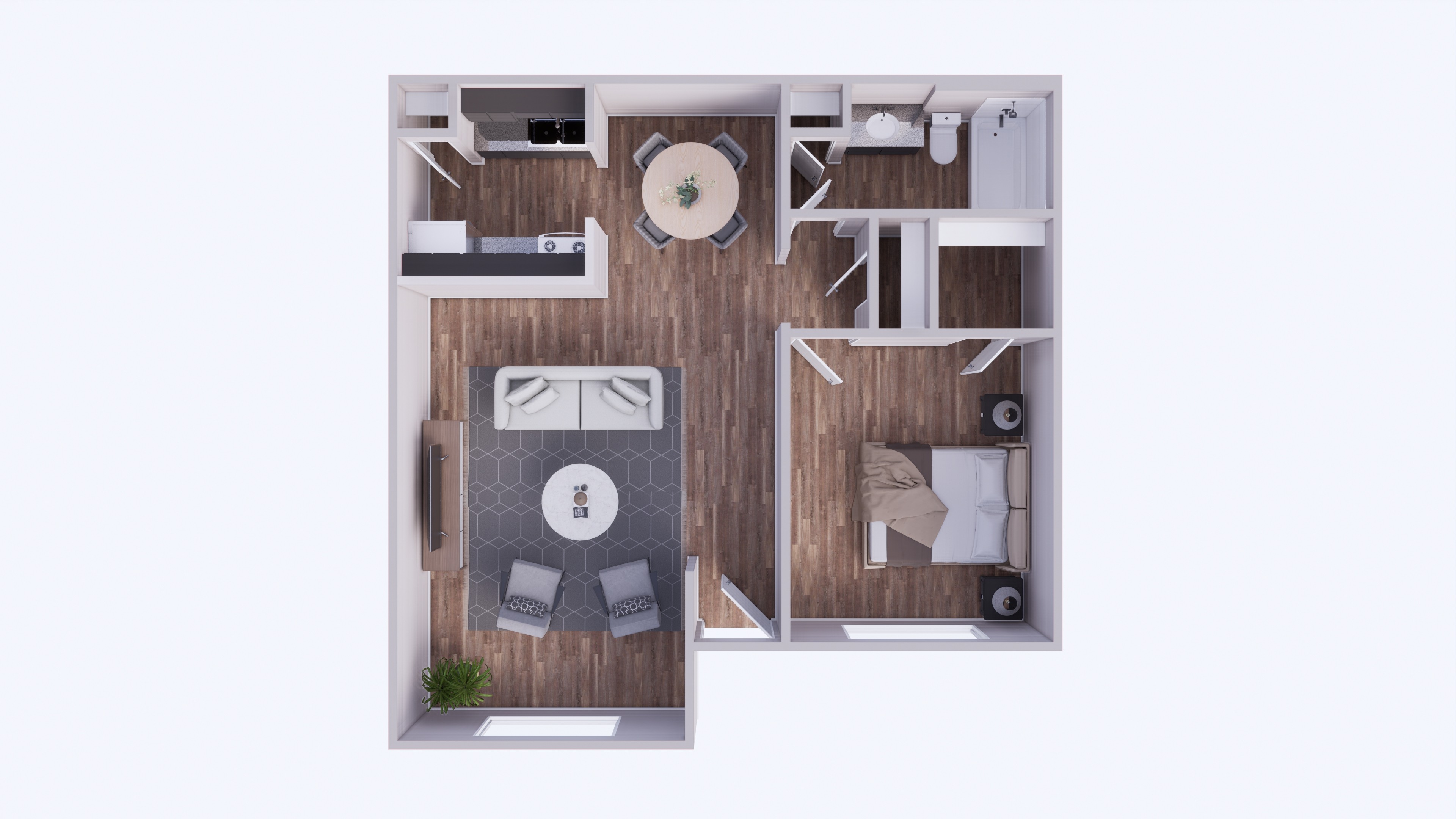 A top-down view of a small apartment with a kitchen, living room, and bedroom.