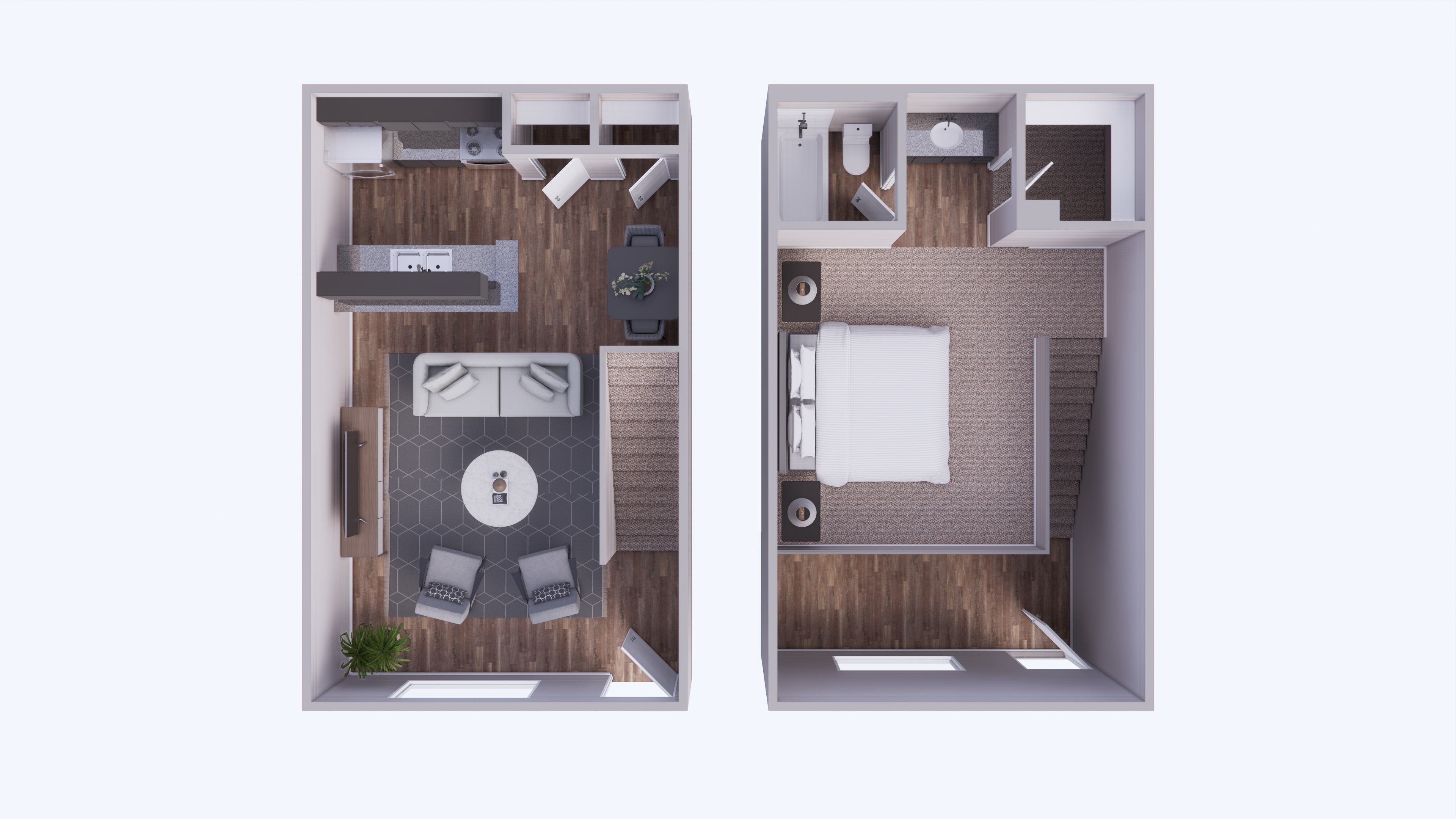 A floor plan of a small apartment with a kitchen, living room, and bedroom.