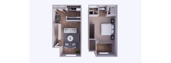 A 3D rendered image of a small apartment layout.