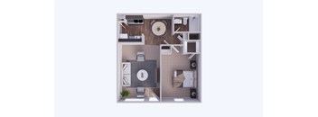 A top-down view of a room with a couch, a coffee table, a TV, and a plant.