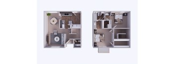 Two floor plans of a house with a kitchen and living room.