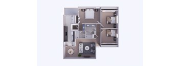A 3D rendered image of a small apartment layout.